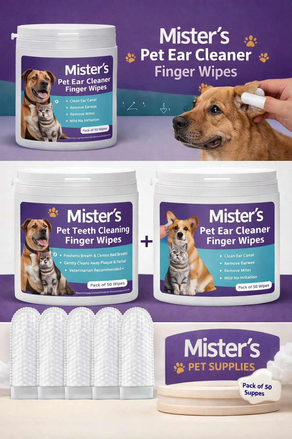 Pet Ear Cleaning Wipes — Gentle Finger Wipes for Dogs & Cats | Mister’s